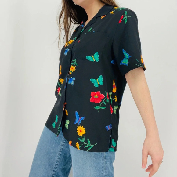 vintage ebony enchanted butterfly garden floral button down top cottagecore L - Picture 5 of 8